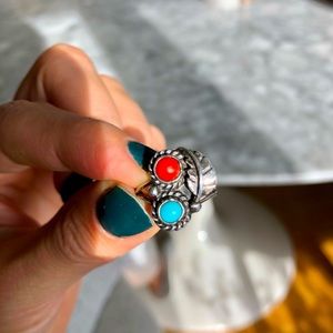 Southwest Turquoise and Coral Silver Ring